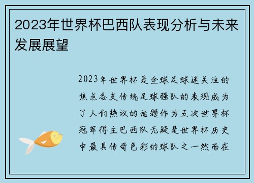 2023年世界杯巴西队表现分析与未来发展展望